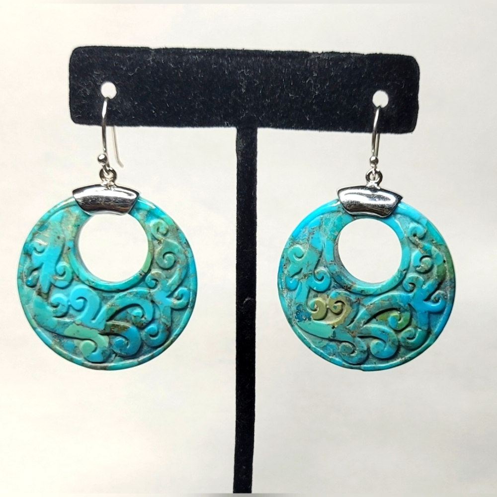 Carved Donut Style Turquoise Dangle Earrings